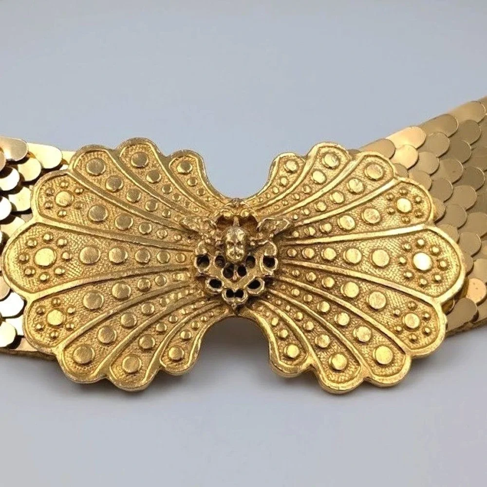 VTG Accessocraft Gold Tone Belt Fish Scale Sequins Metal‎ Ornate Buckle Etruscan
